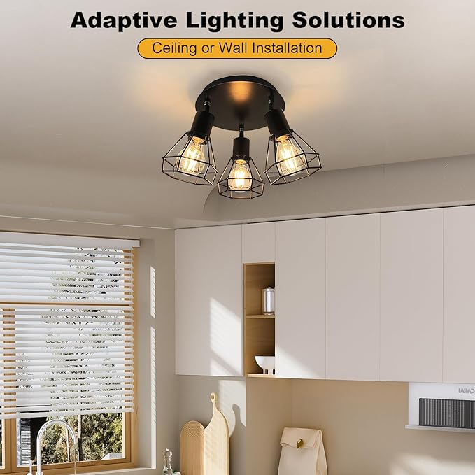 HiBay LED Track Lighting Fixtures, 3-Light Adjustable Directional Ceiling Light, Black Geometric Metal Cage Industrial Spotlight Indoor for Kitchen, Dining, Bedroom, E26 Base (Bulbs Not Included)