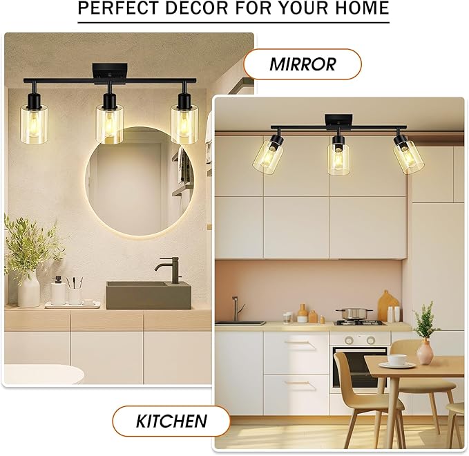 Track Lighting Fixtures Ceiling, 3-Light Track Light with Clear Glass Shade, 23" Modern Kitchen Lighting Ceiling with Rotatable Track Head, Black Wall Light for Vanity Hallway Bedroom(E26, No Bulb)
