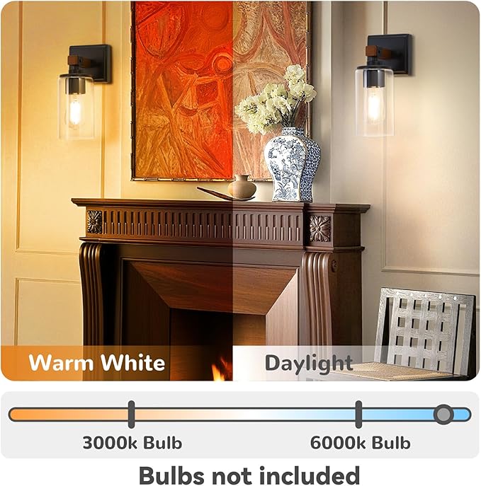 Wall Sconces Set of 2, Farmhouse Rustic Vanity Lights, Dark Brown Wood Grain Rustic Wall Sconce with Clear Glass Shade for Mirror, Bathroom, Bedroom, Hallway, E26, Hardwired(Bulbs Not Included)