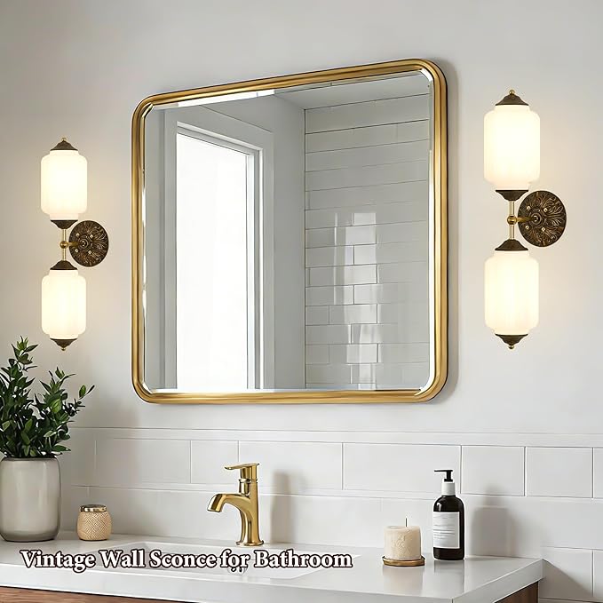 Vintage Milk Glass Bathroom Wall Sconce - 25" Mid Century Dimmable Vanity Light with Bulb - Vertical or Horizontal Mounted Sconces - Modern Brass Gold Lighting Fixture for Indoor Bedroom Hallway Decor