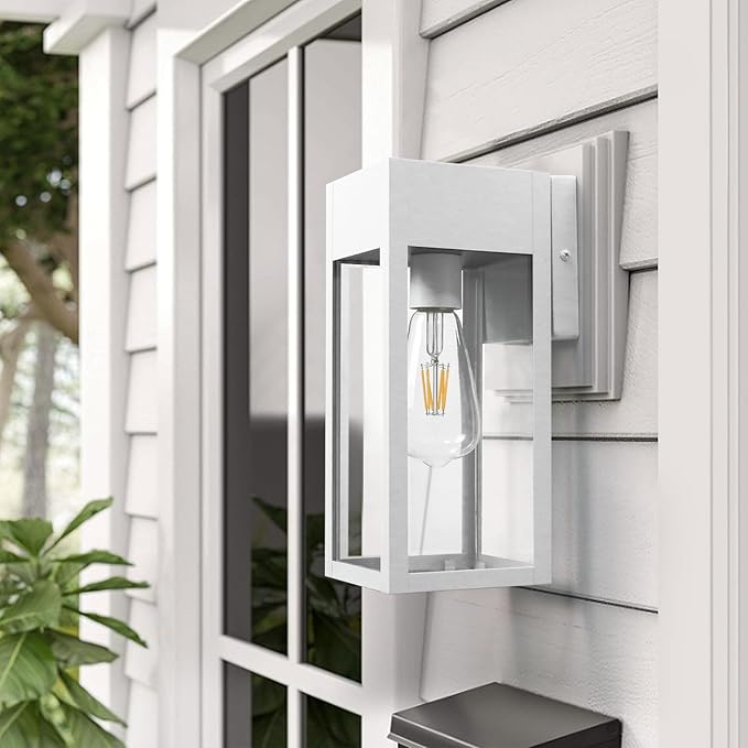 2 Pack Porch Lights Outdoor Wall Sconce, Outdoor Light with GFCI Outlet, Waterproof Exterior Wall Lantern Light Fixtures, Anti-Rust Wall Lamp with Clear Glass for Patio Doorway Garage- White