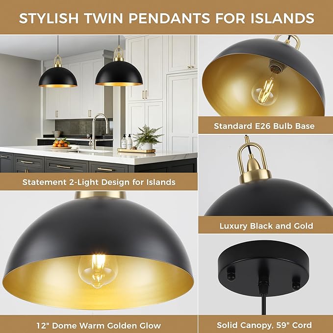 12'' Black Pendant Lights for Kitchen Island Lighting, 2-Pack Modern Farmhouse Industrial Dome Hanging Ceiling Pendant Lighting Fixture for Dining Room, Bar, Living Room