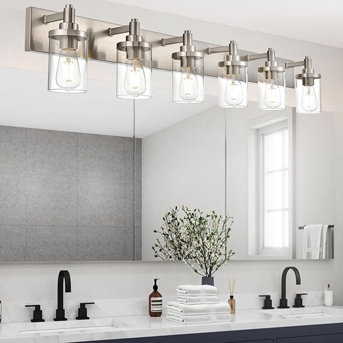 6-Light Vanity Light Fixture Modern Bathroom Light Fixtures Over Mirror, Brushed Nickel Finish with Clear Glass Wall Sconces Lighting for Bathroom Mirror Bedroom Kitchen Corridor Staircase
