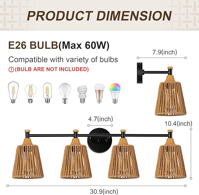 Bathroom Light Fixtures Vanity Lights Over Mirror, Rustic Farmhouse Rattan Wall Sconce with Boho Hand Woven Wall Lamp Natural Style Wall Mounted Light (30in - 5 Light)