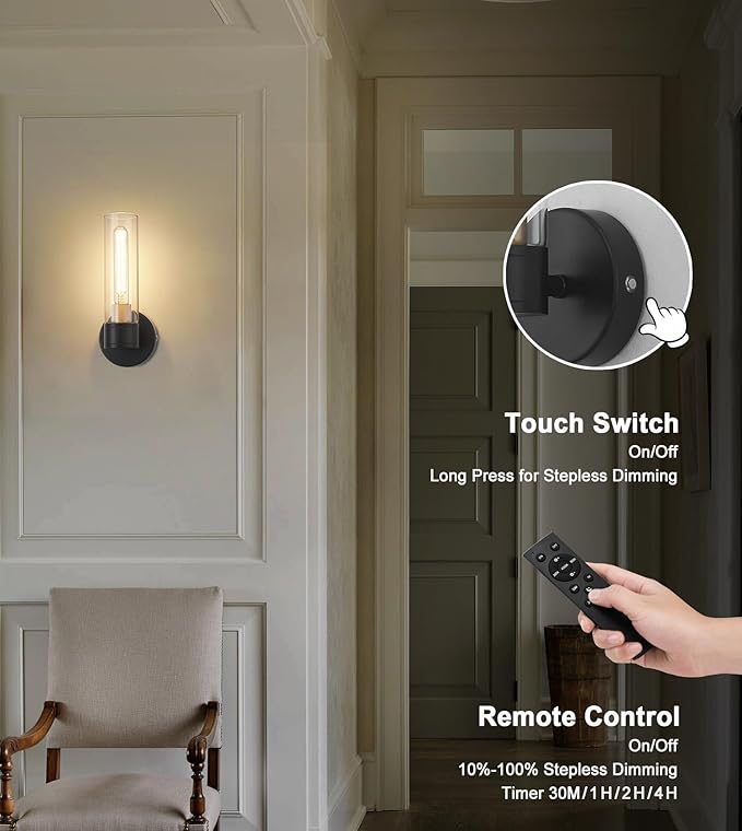 Battery Operated Wall Sconce Set of 2, Wireless Wall Lights with Remote Control, Rechargeable Dimmable Wall Lamps for Bedroom Bathroom Living Room Hallway Decor Stairwell, Black & Gold, 3000K