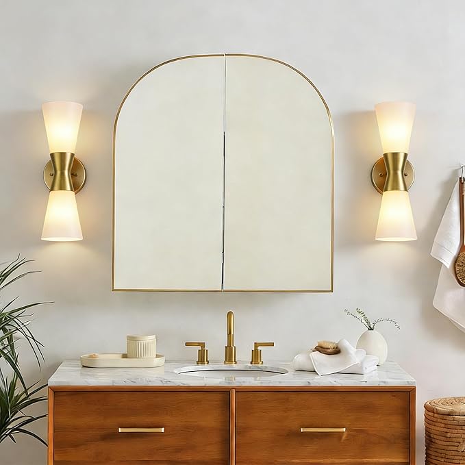 Wall Sconces Set of 2 for Bathroom, Modern Indoor Vanity Light Fixtures 15", Up Down Lighting, Wall Mount Lamp for Living Room Bedroom Hallway Stairway Fireplace Mirror E26 Base 2PC White&Gold