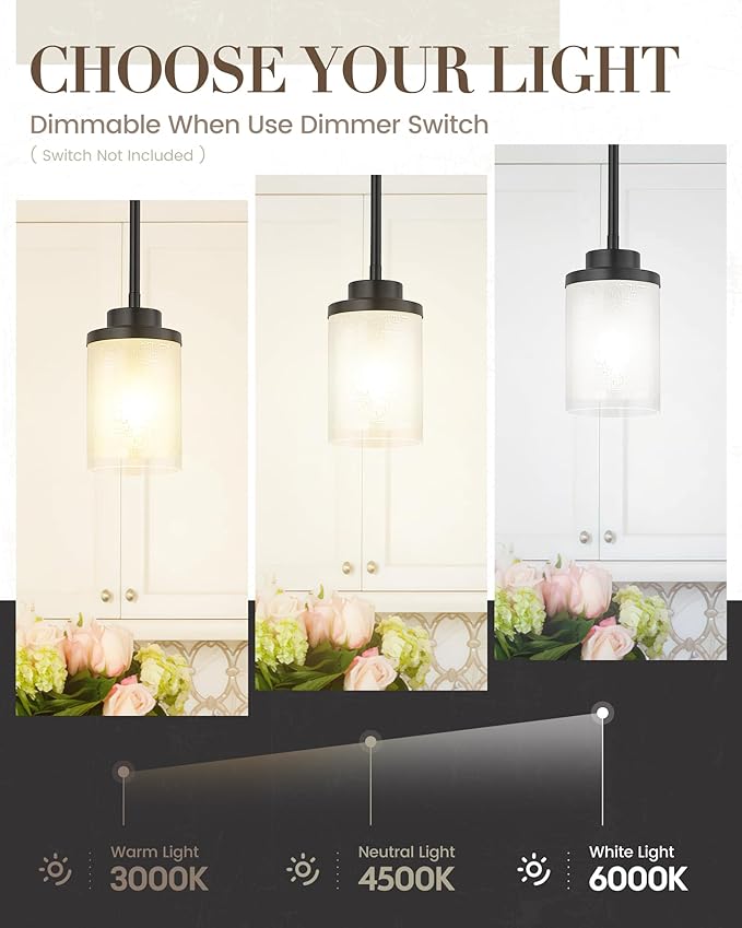 TENGXIN Modern Pendant Light, Matte Black Pendant Lights Kitchen Island,Farmhouse Pendant Lighting for Dining Room Bedroom Bar Office,TXPLBK01