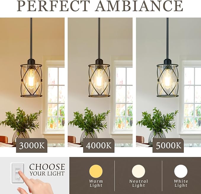 Glass Pendant Lights Kitchen Island 3 Pack, Black Kitchen Pendant Lighting Over Island with Rod, Modern Mini Hanging Light for Sink Dining Room, CH9176BK-3PK