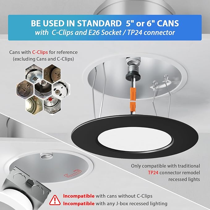 LVWIT 6 inch Black LED Recessed Lighting, Slim Can Lights, 9W=120W,1000LM, 5CCT Color Selectable, Dimmable Downlight with E26 Conversion Kit, 12Pack,IC Rated