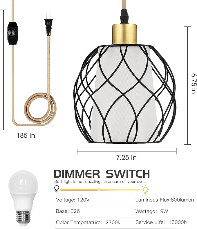 Ruzectt Plug in Pendant Light,Hanging Light with Plug in Cord,Black Hanging Lamp with Dimmable Switch,15 ft Golden Cotton Cord,Hanging Light Fixture for Kitchen Living Room Bedroom (Bulb Included)