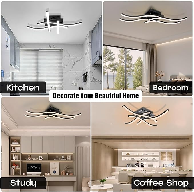 27.5Inch Modern LED Ceiling Light Fixture, 36W Stepless Dimming Curved Wave Ceiling Lamp with Remote & Timing Function for Bedroom, Kitchen, Hallway, Foyer Library Dining Room Black