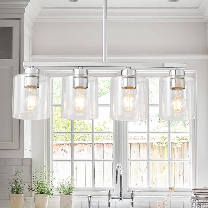 4-Light Kitchen Island Light Fixture, Silver Pendant Lights, Farmhouse Dining Room Light Fixtures Over Table, Modern Hanging Light Fixtures with Clear Glass, E26 Base, Bulbs Not Included