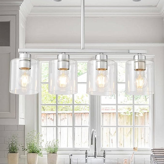 4-Light Kitchen Island Light Fixture, Silver Pendant Lights, Farmhouse Dining Room Light Fixtures Over Table, Modern Hanging Light Fixtures with Clear Glass, E26 Base, Bulbs Not Included