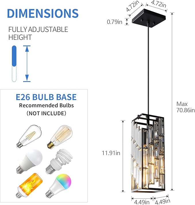 Black Pendant Lighting Modern Pendant Light, Mini Crystal Chandeliers,Adjustable Pendant Light Fixture for Kitchen Island Dinning Room Bedroom (2 Pack)