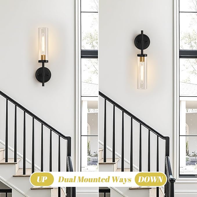 MOKATNG Wall Sconces Set of Two, Black and Gold Bathroom Sconces with Clear Glass, Hardwired Sconces Wall Decor Set of 2, Modern Wall Light Fixtures for Bathroom Mirror Living Room Bedroom Hallway