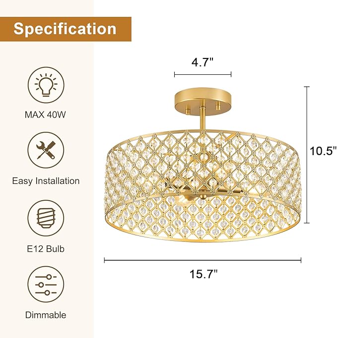 Gold Crystal Ceiling Light Fixture,Modern Semi Flush Mount Ceiling Lighting Fixture,Round Small Chandelier for Dining Room, Hallway, Entryway, Kitchen, Bedroom,Foyer,4 Light,15.7 inch