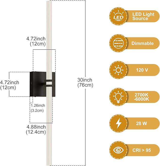 Bathroom Light Fixtures,Black 28W LED 360° Full Lighting Modern Wall Sconce Vanity Light with 5-Color Dimmable 3000K-6000K, 29.92inch Vanity Lighting for Bath, Powder Room, Bedroom, Hallway