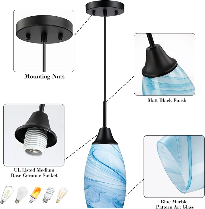 Viinew Mini Glass Pendant Light 4.72" with Handblown Blue Marble Art Glass Hanging Light 3-Pack Oval Ceiling Hanging Light Fixture for Dining Room Kitchen Island Cafe Foyer Hallway
