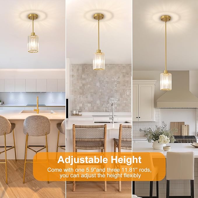 2 Pack Gold Pendant Lights for Kitchen Island, Modern Crystal Kitchen Hanging Light Fixtures, Mini Crystal Pendant Lights for Kitchen, Dining Room, Hallway, Foyer, Entryways