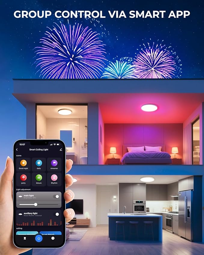 12 Inch Flush Mount Ceiling Light, Smart RGB+IC LED 2400LM Dimmable Ceiling Lamp with APP & Remote Control, 2700K-6500K Color Changeable Light for Bedroom Living Room, Works with Alexa & Google Home