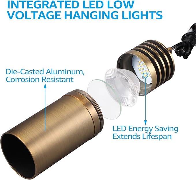 LEONLITE Low Voltage Hanging Landscape Lights, 12V Hanging Tree Lights, UL Listed, LED Outdoor Pendant Light for Gazebo, Pergola, Garden, Aluminum, IP65, 2700K Soft White, Brass Bronze, Pack of 4