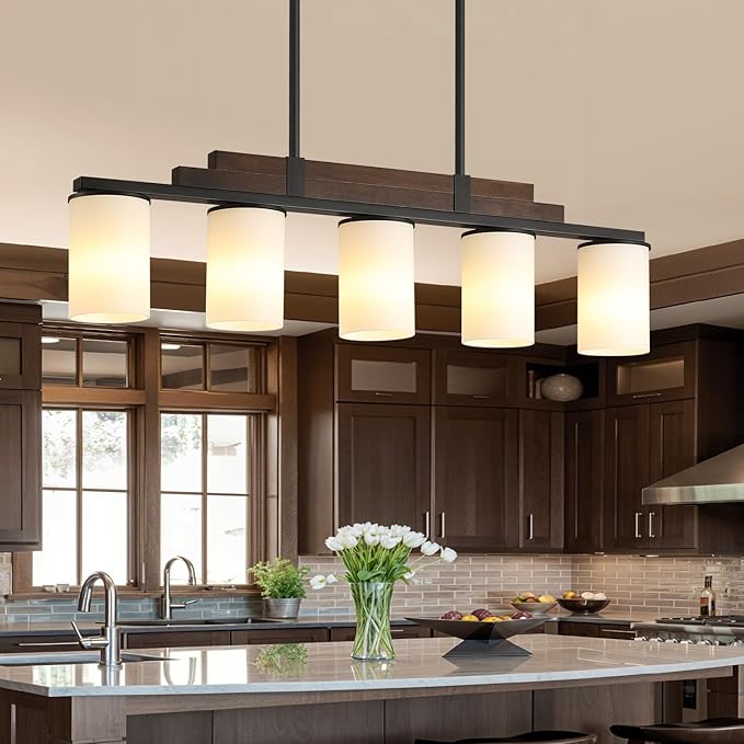 Farmhouse Wood Kitchen Island Lighting, 5-Light Adjustable Chandelier for Dining Room, Milk Glass Shade Dining Room Light Fixture Over Table, Black Hanging Pendant Lights for Kitchen, Pool Table