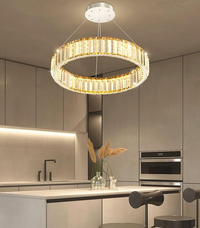 16'' Modern Ring Chandelier Crystal Chandeliers for Dining Room Round LED Dimmable Ceiling Light Fixture for Living Room Bedroom Lighting Silver