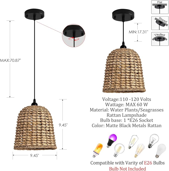 Mini Rattan Pendant Light Fixtures,9.5" Boho Pendant Light,3-Pack Hand Woven Seagrass Rattan Chandelier for Dining Living Bedroom Kitchen Farmhouse
