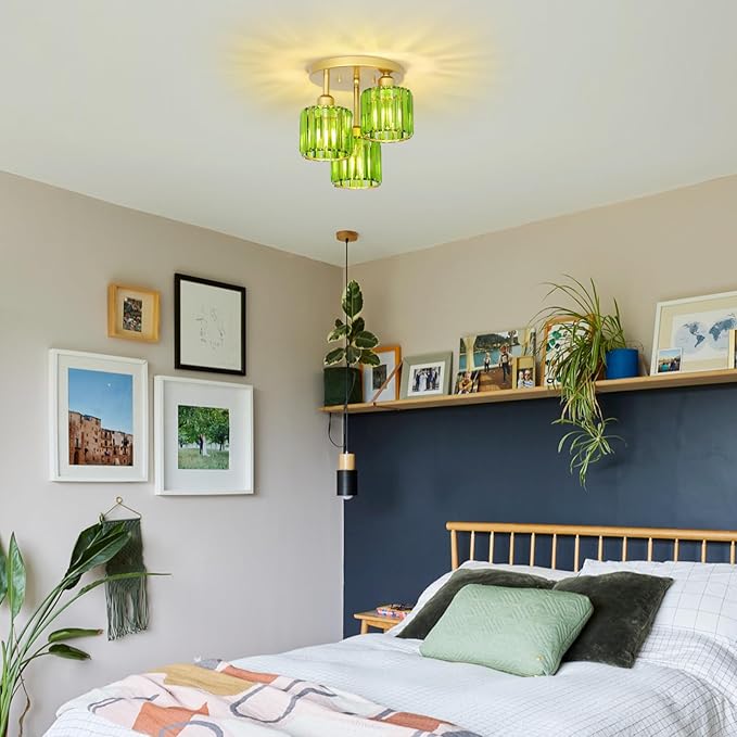 Green Crystal Close to Ceiling Light Fixtures,3-Light Modern Semi Flush Mount Ceiling Light,Kitchen Light Fixture with Crystal Shades,Hallway Lighting Fixture for Entryway Bedroom Bathroom