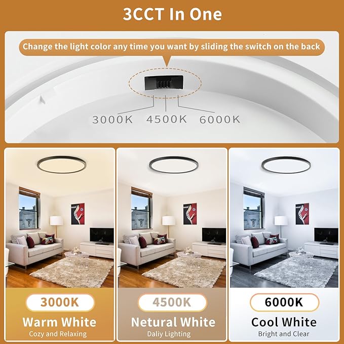 6-Pack 12Inch LED Ceiling Lights Flush Mount Black 3200LM, Dimmable Ceiling Light Fixtures, 3000K 4500K 6000K CCT, 24W Super Slim Low Profile Modern Ceiling Light for Bedroom Bathroom Hallway Kitchen