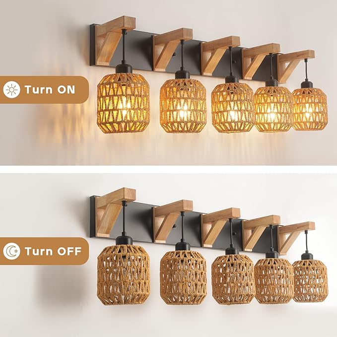 5-Light Bathroom Vanity Light Fixtures, Rustic Style Rattan Vanity Lights with Handmade Bamboo Woven Boho Wicker Lampshade, Farmhouse Wooden Bracket, Suit for Stairway Bedroom and Hallway