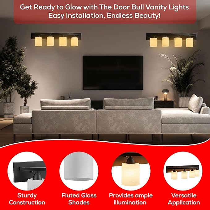 The Door Bull Modern 4-Light Bathroom Vanity Light – Matte Black Fixture with Frosted Glass Shades, E26 Socket – Wall Sconce for Mirror, Bathroom, Kitchen, Hallway, Entryway