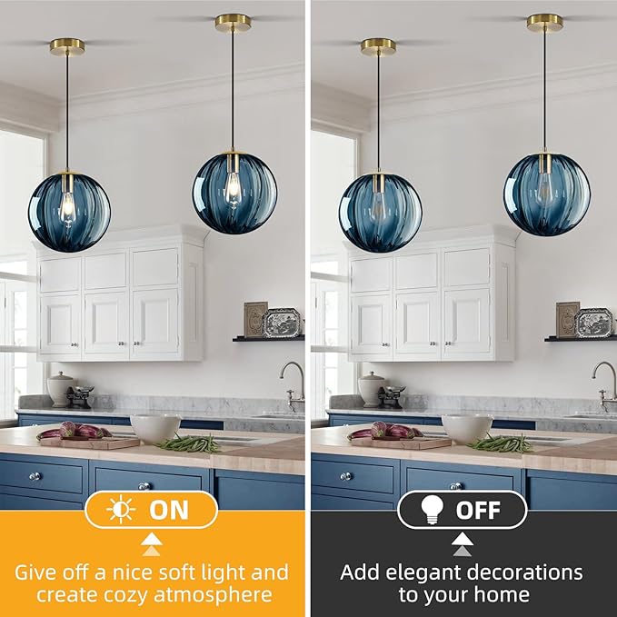 Modern Blue Glass Pendant Light, Kitchen Island Lighting 2-Pack Globe Pendant Light Fixtures Century Kitchen Island Pendant Lighting for Bedroom Living Dining Room Light Fixture (Without Bulb)