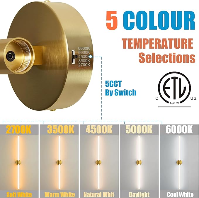 Glod Wall Sconces Set of 2 Hardwired, Dimmable 5CCT LED Bathroom Light Fixtures Over Mirror, 360° Full Lighting 47" Long Vanity Light Bar Modern Wall Sconce for Bathroom Bedroom Living Room