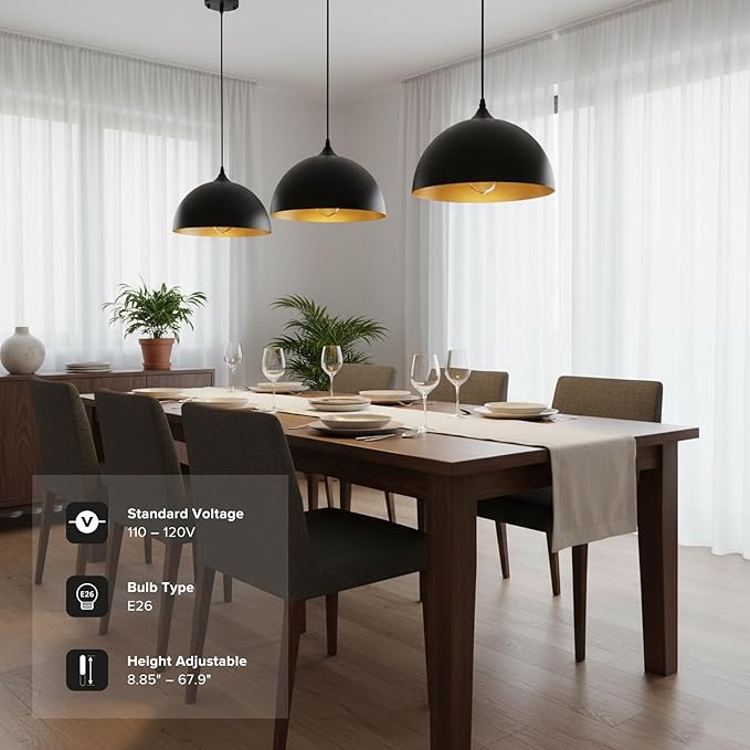 3 Pack Black Pendant Lights Kitchen Island 11.8" Modern Dome Pendant Light Fixtures Farmhouse Hanging Ceiling Light Fixture for Dining Room Foyer Hallway Bar Cafe Sink