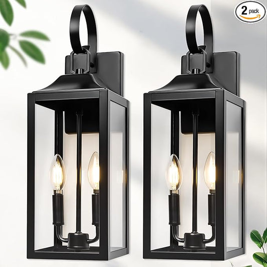 19" Large Outdoor Wall Lights - Black Outside Wall Mounted Light Fixture, Exterior Lighting Fixtures Farmhouse Outside Wall Sconce Lantern 2-Light, Modern Porch Lights for House, 2 Pack