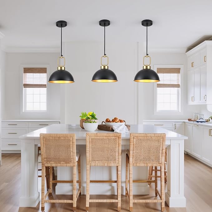 Black Pendant Lights Kitchen Island, 10.2 Inch Dome Black and Gold Pendant Lights, Vintage Metal Industrial modern Farmhouse Pendant Light Fixture Hanging Lights for Dining Room, Cafe, Bar, 2 Pack