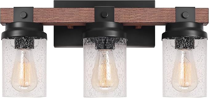 Farmhouse Vanity Light Fixtures, 3-Light Rustic Bathroom Lights Over Mirror with Pretty Glass Shade, Industrial Black Metal Wood Wall Decor Sconces for Living Room Hallway Stairway