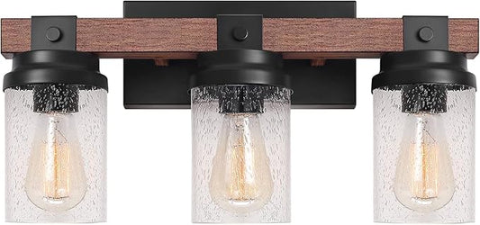 Farmhouse Vanity Light Fixtures, 3-Light Rustic Bathroom Lights Over Mirror with Pretty Glass Shade, Industrial Black Metal Wood Wall Decor Sconces for Living Room Hallway Stairway