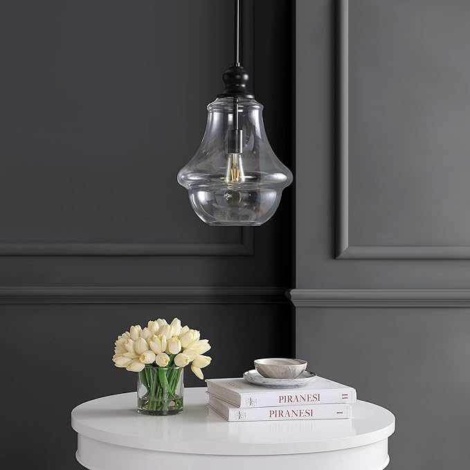 JONATHAN Y 12" Oil Rubbed Bronze 1-Light Iron and Glass Pendant Light, Adjustable Height Schoolhouse for Kitchen Island Foyer, Farmhouse Rustic Style, LED Bulb Included JYL9046B
