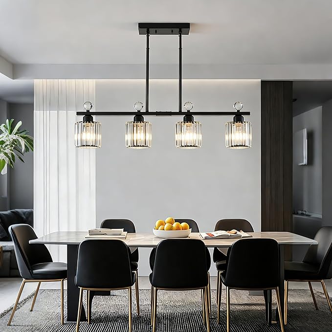 Modern Dining Room Light Fixture Over Table, Crystal Pendant Lights Kitchen Island, Chandeliers for Dining Room Kitchen Light Fixtures (E26) 4-Light Black