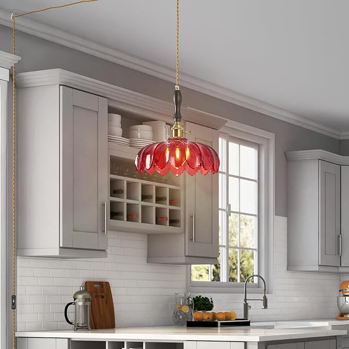 Modern Red Plug in Glass Pendant Light Retro Flower Glass Hanging Lamp Gold Brass Decorative Adjustable Ceiling Hanging Light Suitable for Kitchen Island Bedroom Dining Room Living Room