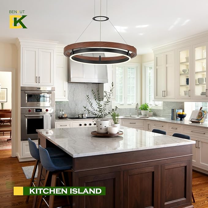 Benkut Modern LED Chandelier Circular Farmhouse Red Walnut Color, Dimmable LED Pendant Light with Remote Ring Chandelier Dining Room Light Fixtures for Kitchen Island Living Room Entryway, D23.6