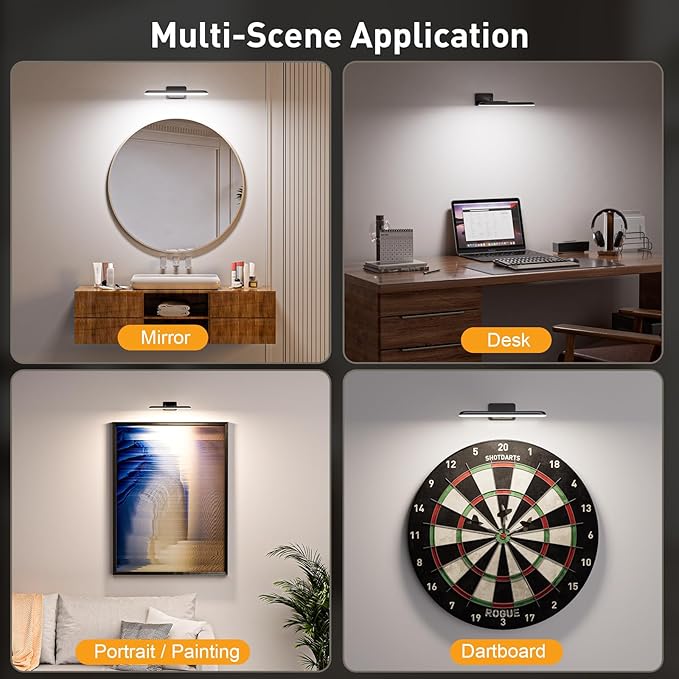 Picture Light, Rechargeable Picture Lights for Wall with Remote, 300 LM, Brightness Dimmable, Art Light for Poster, Artwork, Gallery, Display, Black(1p)