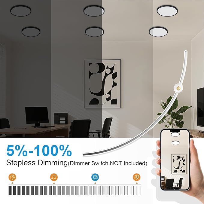DLLT LED Flush Mount Ceiling Light: 12 inch Super Slim Dimmable & 5CCT (2700-6000K) Kitchen Lighting Fixtures Ceiling - 24W Black Low Profile Ceiling Lamp for Bedroom Garage Hallway