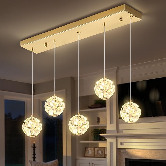 ykolupty 5-Lights Crystal Globe Pendant Light Kitchen Island Gold Linear Chandeliers for Dining Room,LED Dimmable Globe Chandelier for Kitchen Living Room Foyer