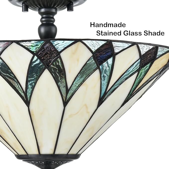 Tiffany Semi Flush Mount Ceiling Light 16.1-Inch 3-Light Mission Style Stained Glass Light Fixtures Ceiling Mount for Hallway Kitchen Bedroom Foyer Dining Living Room