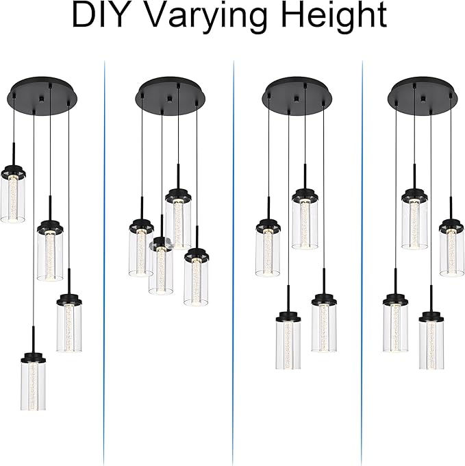 MELUCEE 4-Light Dimmable LED Pendant Light Dining Room Light Fixture Over Table Black Chandelier, 3000K-6000K Adjustable Color Temperature Island Lights with Clear Glass Shade