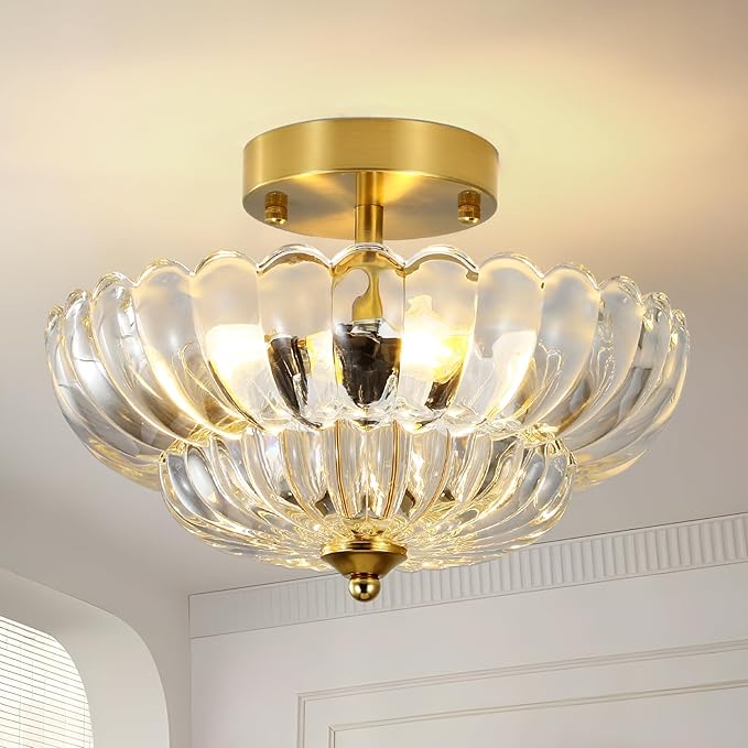 Vintage Semi Flush Mount Ceiling Light Fixture,3-Light Mid Century Modern Glass Close to Ceiling Light Fixtures for Bedroom Hallway Foyer Entryway Kitchen Laundry Room Nursery