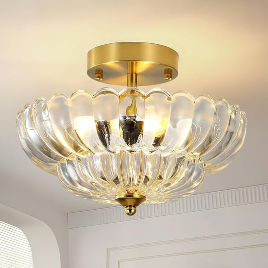 Vintage Semi Flush Mount Ceiling Light Fixture,3-Light Mid Century Modern Glass Close to Ceiling Light Fixtures for Bedroom Hallway Foyer Entryway Kitchen Laundry Room Nursery